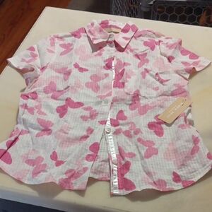 Girls' Kate HILL PETITE Pink Butterfly Button-Front Shirt - Casual Short Sleeve